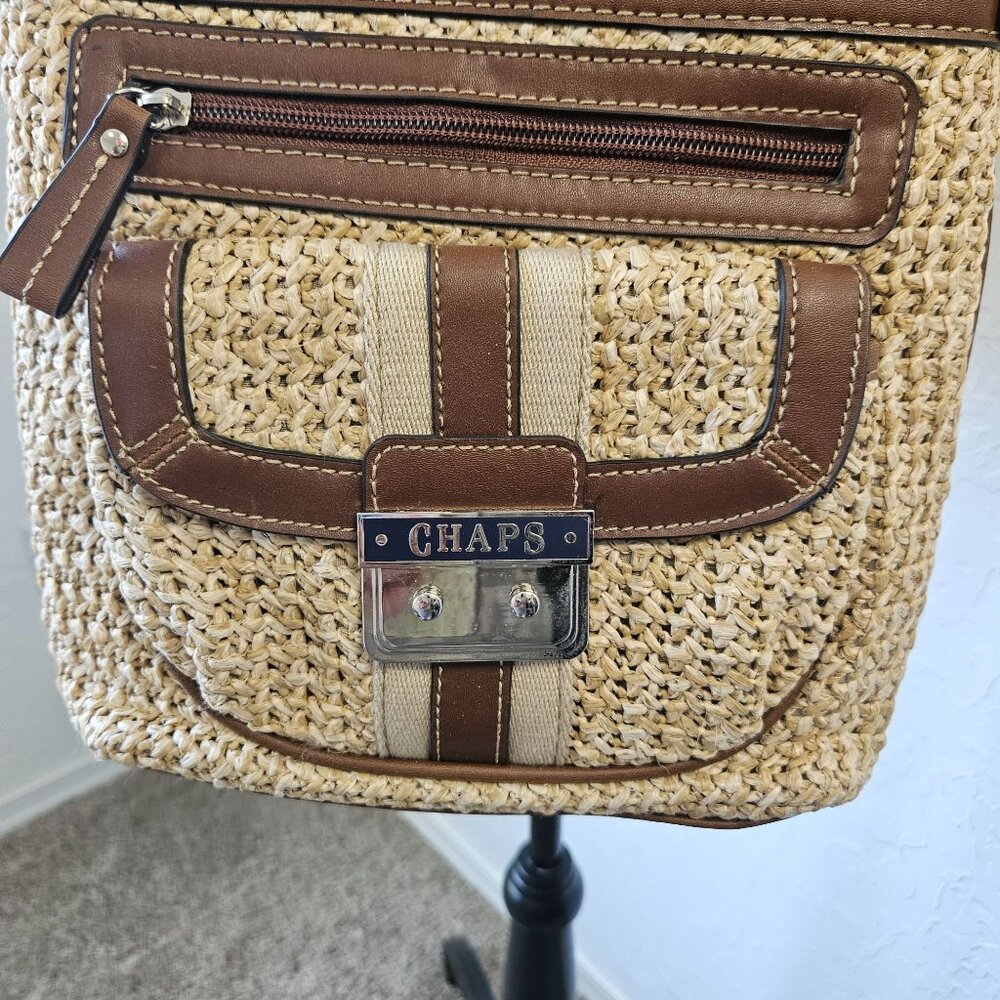 Chaps Straw & Faux Leather Crossbody Bag satchel purse Boho Cottage core Hippie - Picture 2 of 16